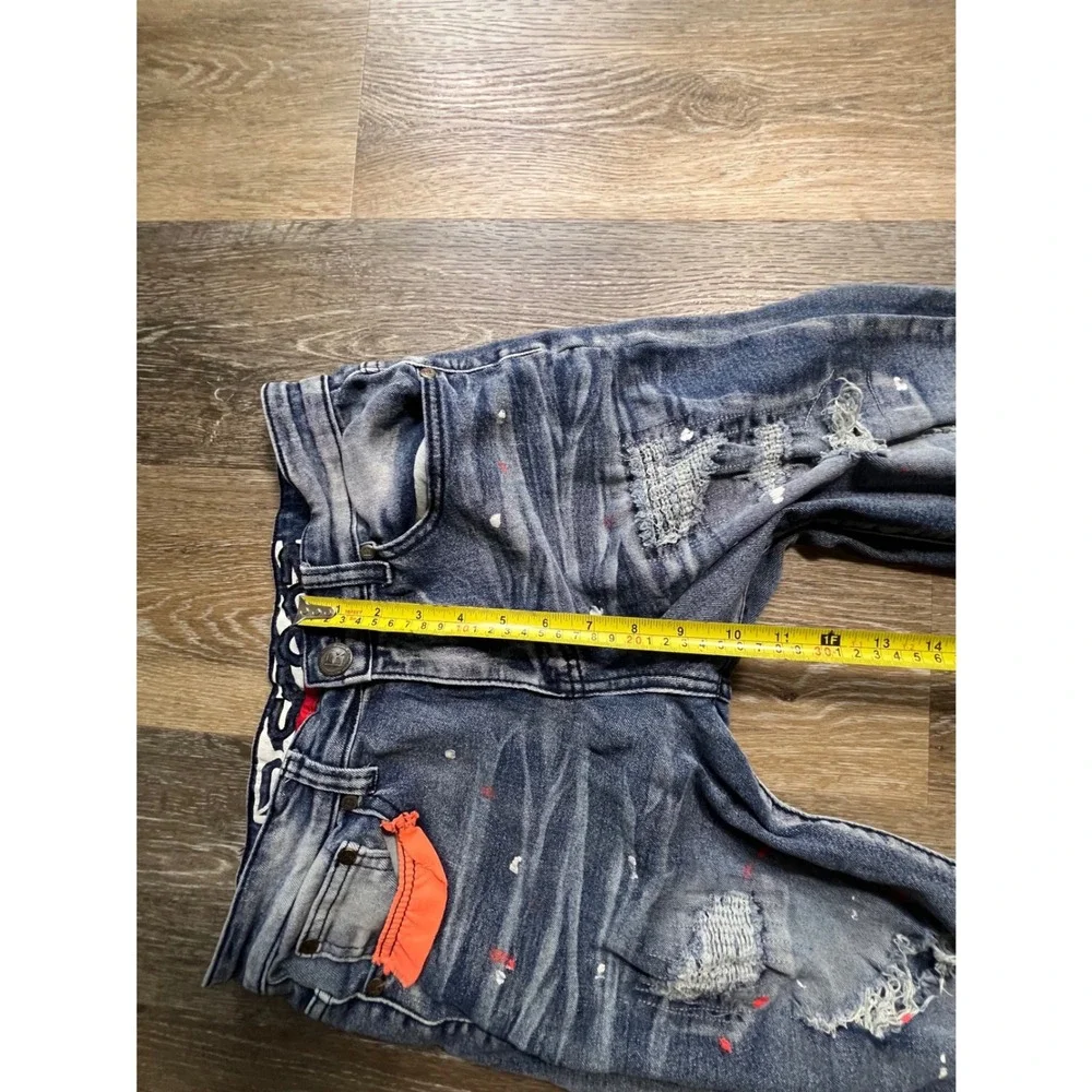 LR Scoop Distressed Jeans Mens‎ 32x30 Blue Good Paint Splatter Moto Ripped Denim
